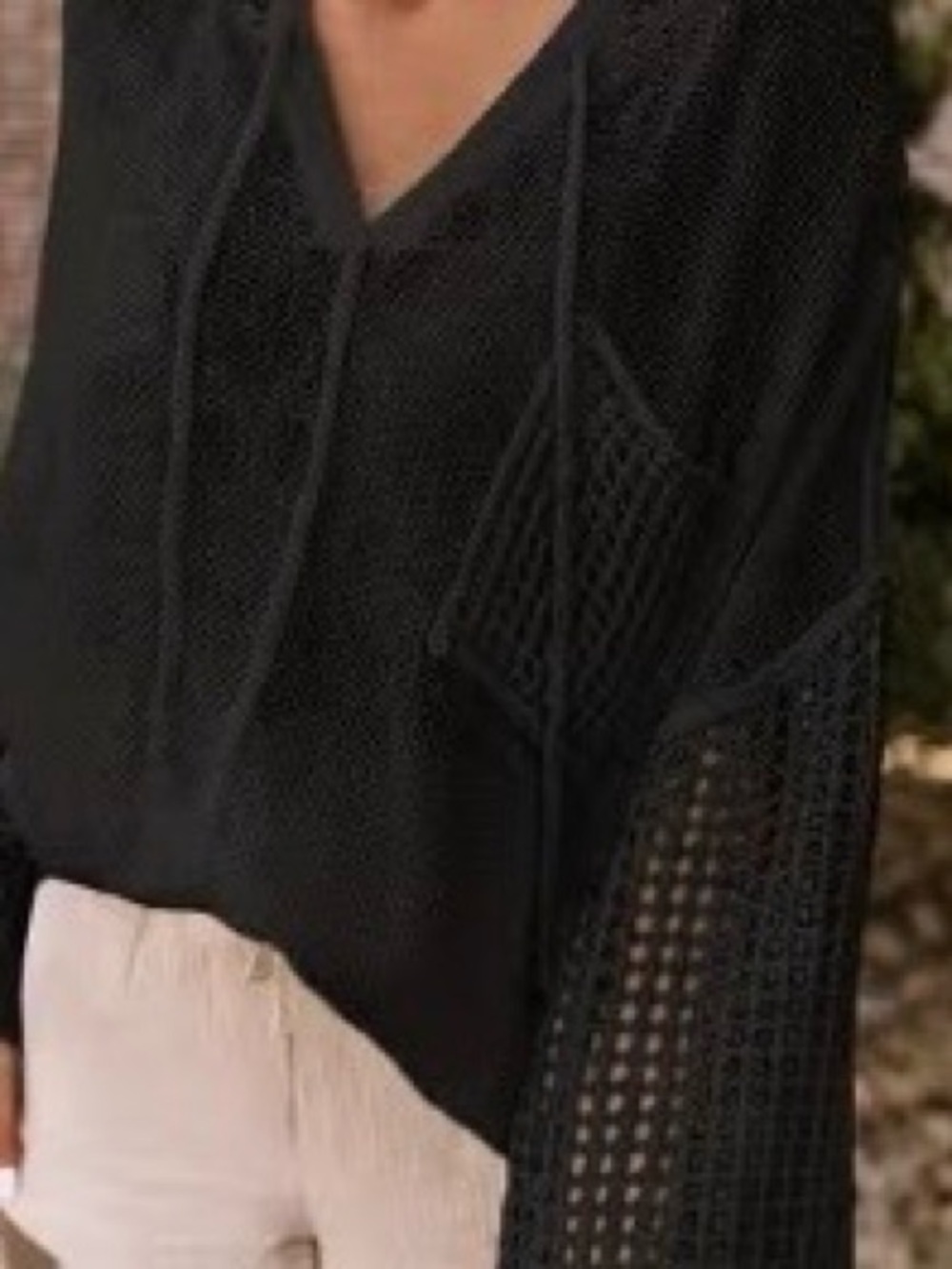 Lightweight Black Crochet Sleeve Hooded Sweater
